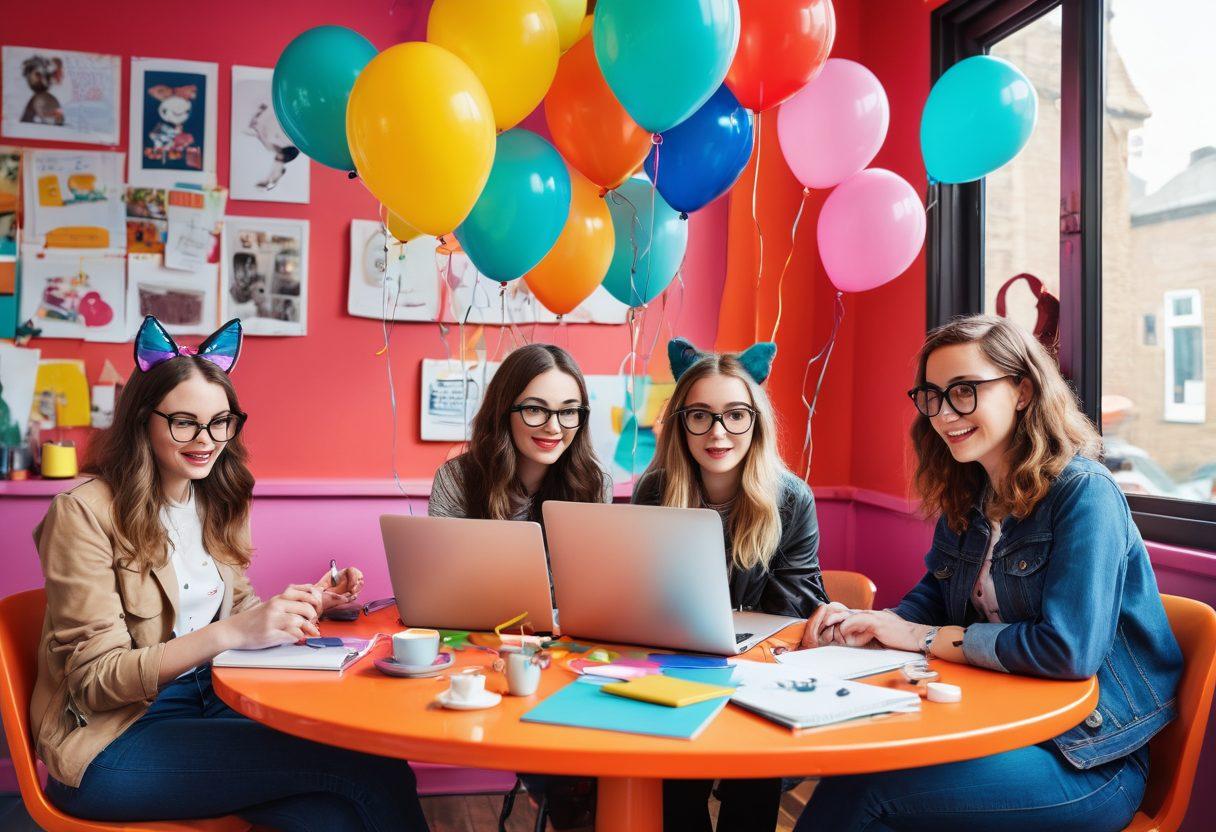 A whimsical scene featuring an eclectic group of quirky bloggers gathered around a colorful café table, each engaging passionately with their laptops and notebooks, surrounded by floating speech bubbles filled with silly ideas and inspirations. The atmosphere is bright and lively, with balloons and streamers adding to the madcap vibe. Include unusual characters like a cat typing and an owl wearing glasses. vibrant colors. cartoon style.