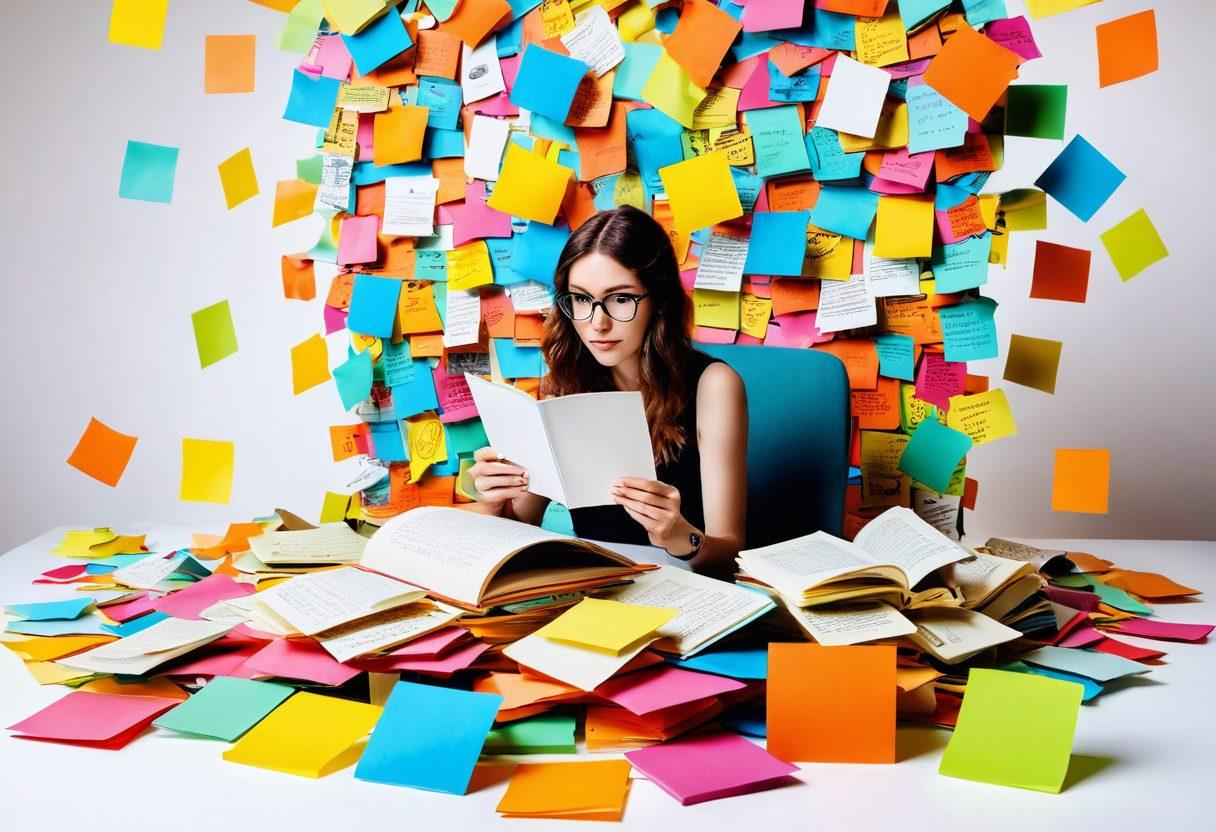 A whimsical scene featuring a colorful, eclectic writer surrounded by floating quirky post-it notes, each showcasing different wild blog topics. Vibrant, surreal elements like oversized books, eccentric coffee cups, and playful creatures enhance the creativity of the blogosphere. The atmosphere is playful and inspiring with a kaleidoscope of colors. super-realistic. vibrant colors. white background.