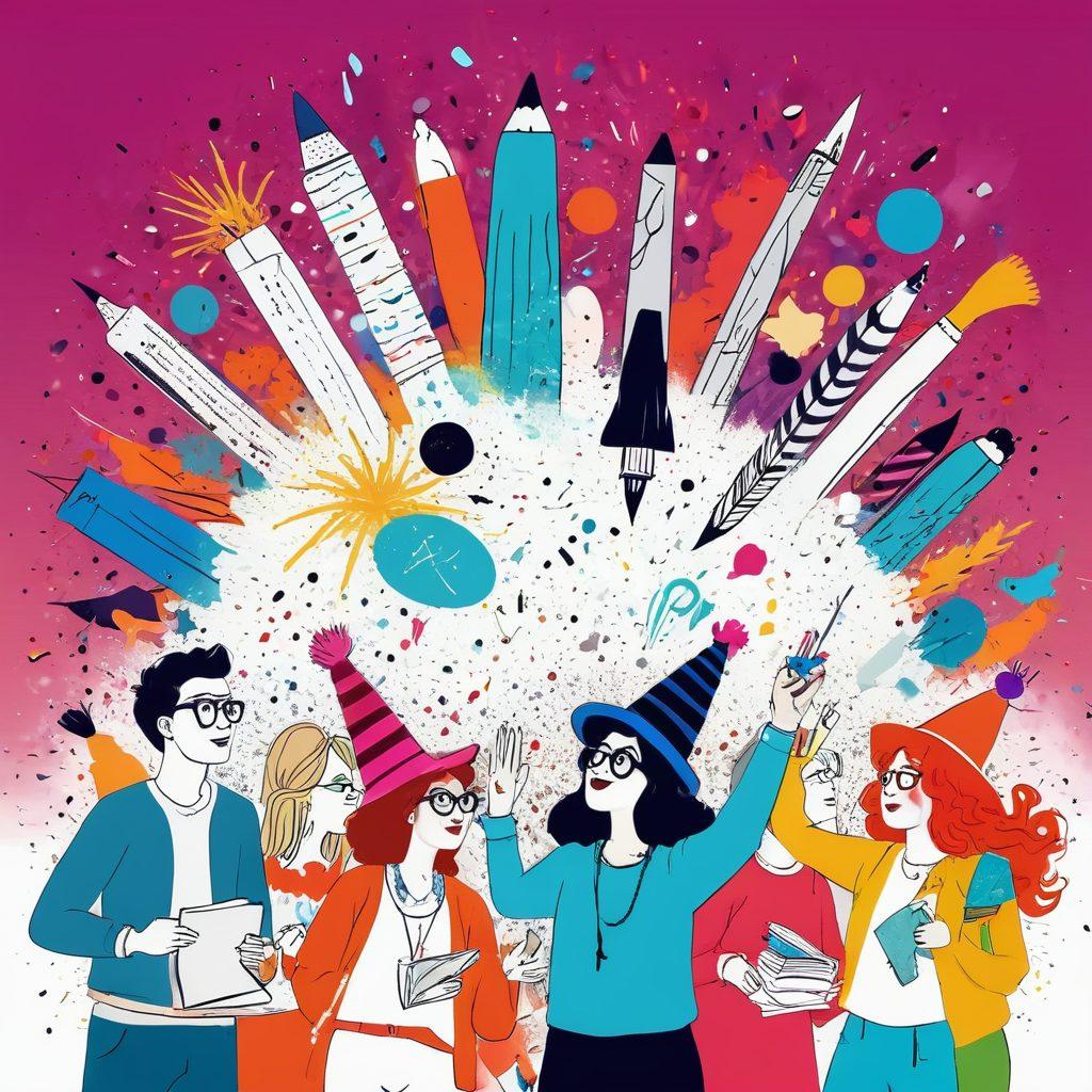 A whimsical and colorful illustration showcasing a diverse group of eccentric bloggers engaged in creative activities, surrounded by quirky objects such as oversized pens, funny hats, and surreal landscapes. A vibrant explosion of confetti and doodles adds a sense of playfulness, with a background depicting abstract shapes and colorful typography. The atmosphere radiates joy and creativity, inviting viewers to embrace their uniqueness. cartoon style. vibrant colors. white background.
